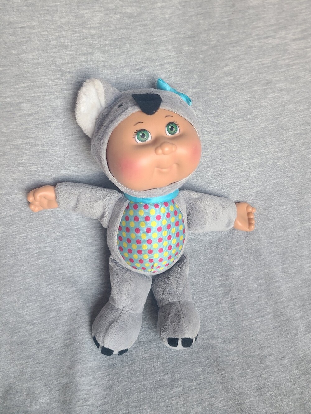 Gray Plush Polka Dot Baby Doll with Blue Accent